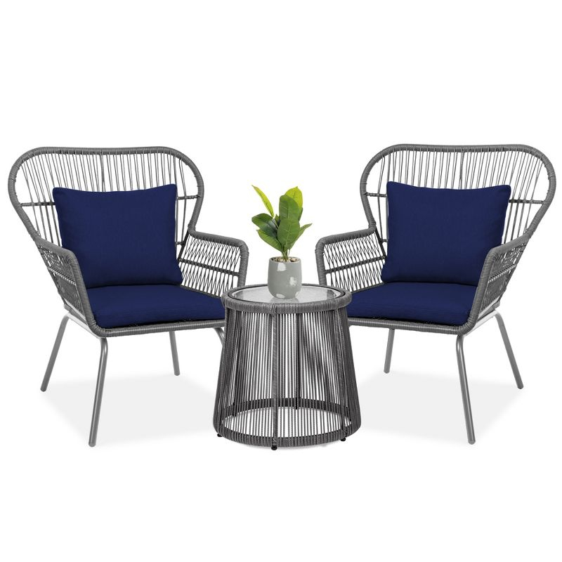 Best Choice Products 3-Piece Patio Conversation Bistro Set, Outdoor Wicker w/ 2 Chairs, Cushions, Side Table - Gray/Navy