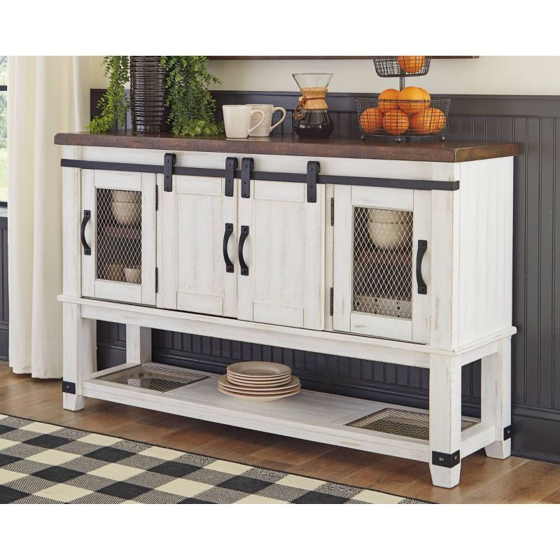 Signature Design by Ashley Valebeck Dining Server White/Brown/Beige: Rustic Farmhouse Sideboard with Adjustable Shelves