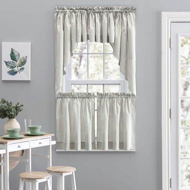 Ellis Curtain Plaza Classic Ticking Stripe Printed on 1.5" Rod Pocket Natural Ground Tailored Valance 58" x 15" Sage