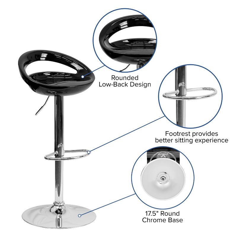 Flash Furniture Contemporary Black Plastic Adjustable Height Barstool with Rounded Cutout Back and Chrome Base