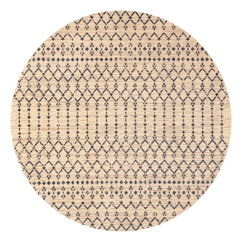5' Round Ourika Moroccan Geometric Textured Weave Indoor/Outdoor Area Rug, Beige/Navy - JONATHAN Y
