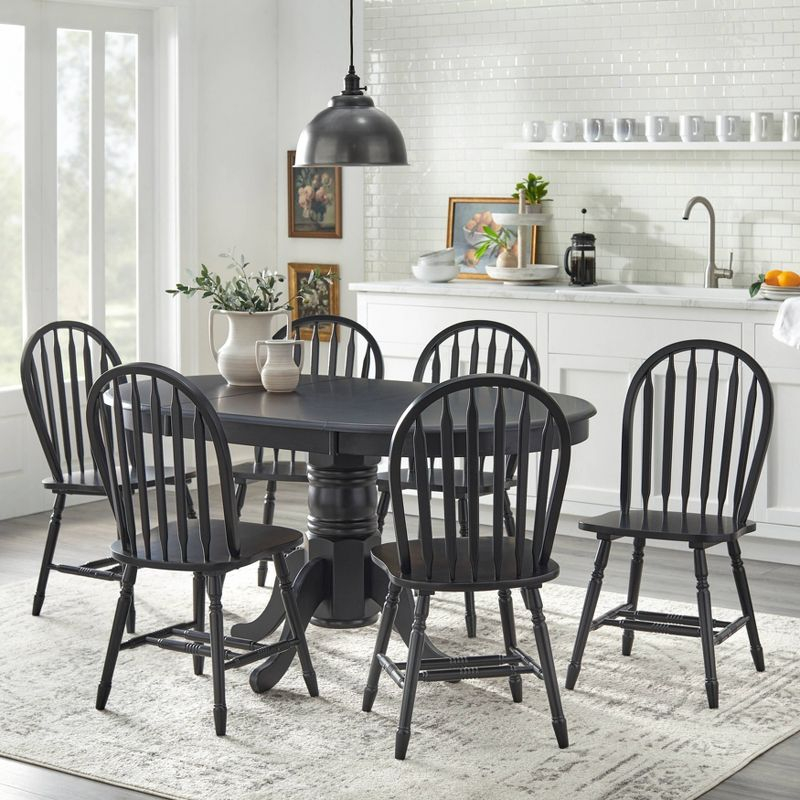 Buylateral 7pc Lancaster Farmhouse Solid Wood Extendable Dining Table Set Black: Solid Rubberwood, Pedestal Base, Removable Leaf