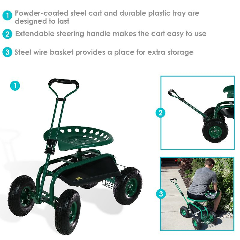 SunnyDaze Decor Steel Extendable Steering Handle Swivel Seat & Basket Garden Carts