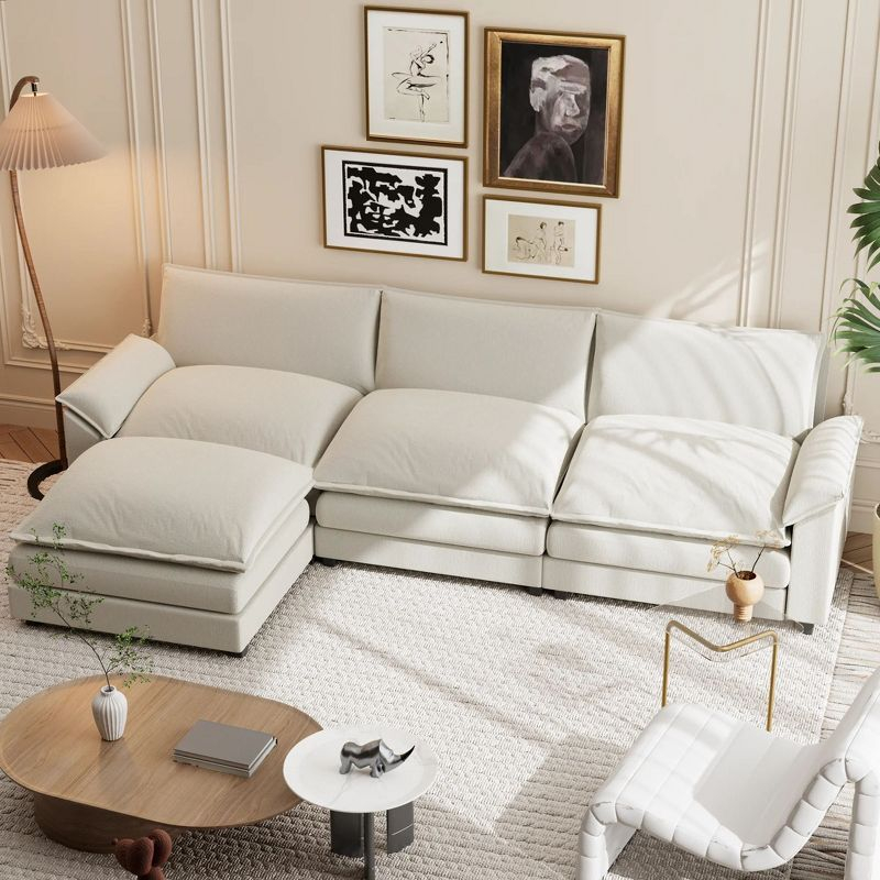 LACOO 118 in. Chenille L-Shaped Modular Sectional Sofa with Ottoman - Off White