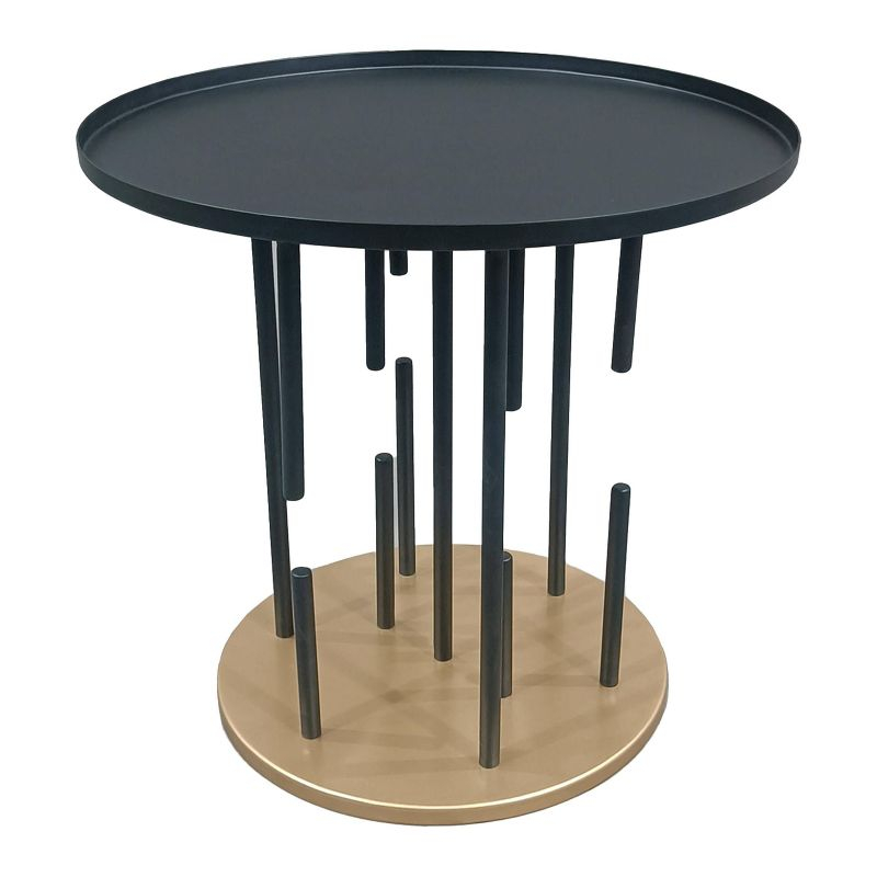The Urban Port 20" Side End Table Round Matte Black Tray Top Modern Rod Supports with Brass Base Black/Brass