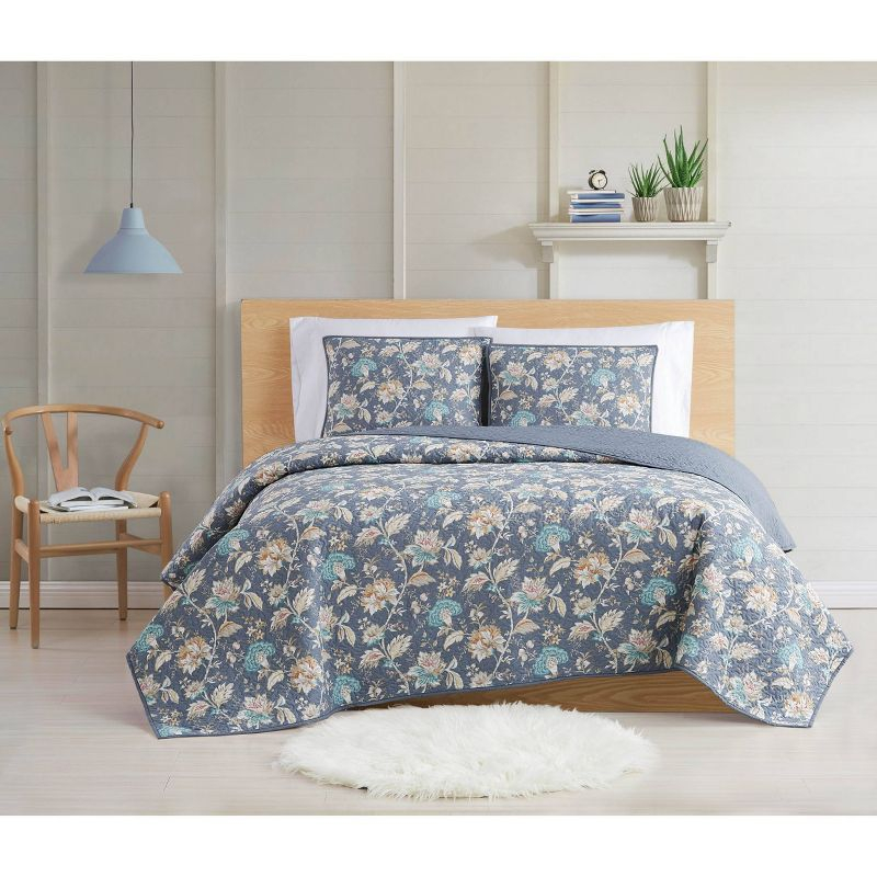 3pc King Florence Quilt Set Cream/Blue/Dark Gray - Cottage Classics: Cotton Reversible Coverlet with Shams