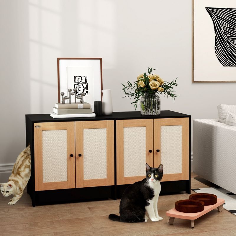 PawHut Cat Litter Box Enclosure, Hidden Litter Box Furniture for 2 Cats with 2 Cabinets, Scratching Mats & Trays, Black
