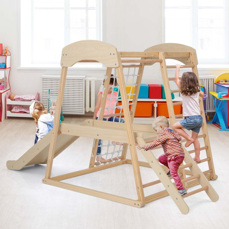 Costway 6-in-1 Indoor Jungle Gym Wooden Playground Climber Playset for Kids 1+ Years Natural