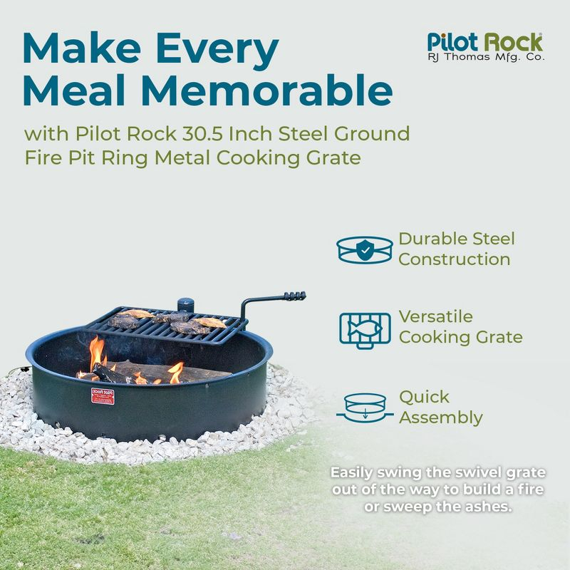 Pilot Rock 30 Inch Heavy Duty Steel Ground Fire Pit Ring Insert Liner and Metal Cooking Grate for Grilling, Camping, and Backyard Bonfires, Black