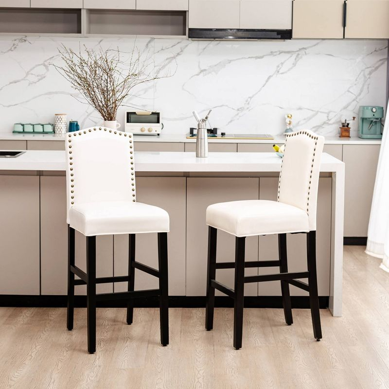 Set of 2 Leatherette PU Barstools with Studded Decor Off White - Glitzhome: Rubberwood Frame, Footrest, Modern Style