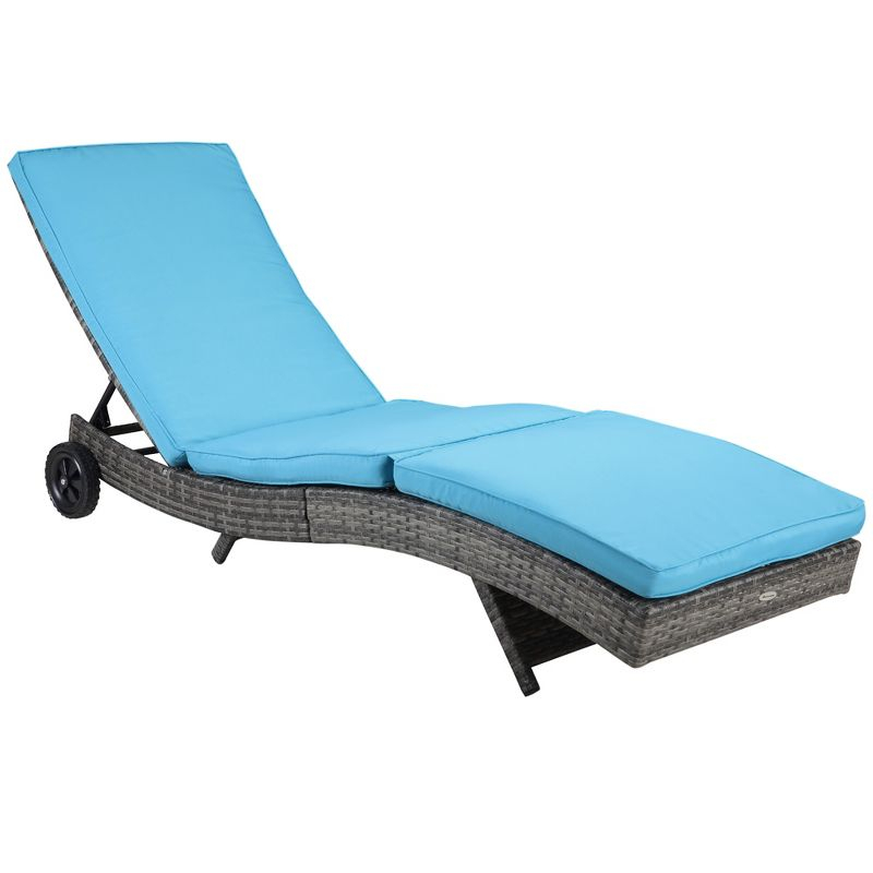 Outsunny Patio Wicker Chaise Lounge Chair, Outdoor PE Rattan Sun lounger w/ 5-Level Adjustable Backrest & 2 Wheels for Easy Movement, Sky Blue