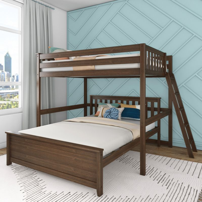 Max & Lily Bunk Bed, L Shaped Full-Over-Queen Bed Frame for Kids with Ladder on End, Solid Wood Bunk Bed for Kids, No Box Spring Needed, Walnut