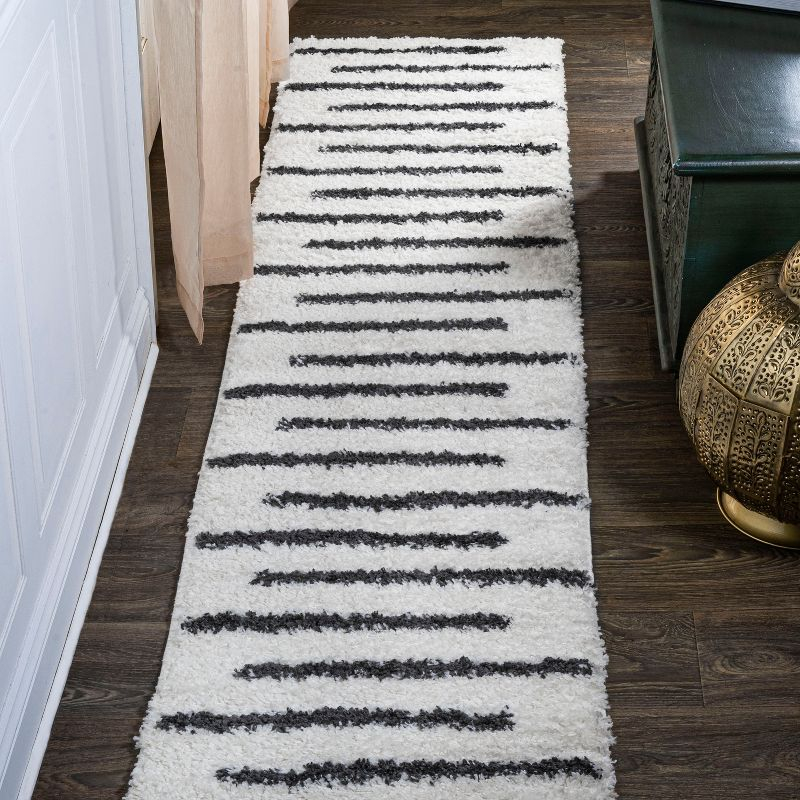 2'x10' Alaro Berber Stripe Shag Runner Rug, White - JONATHAN Y