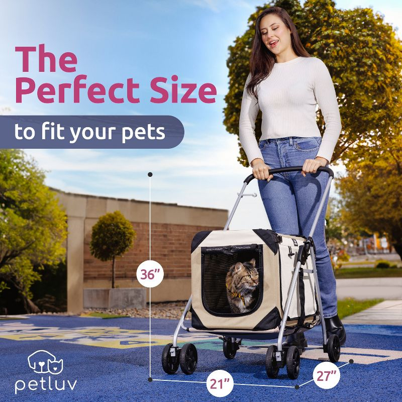 PetLuv Cat & Dog Stroller Foldable w/ Detachable Soft Pet Travel Carrier Fits 2 Cats or Medium Dog & Removable Plush Pillow Privacy Windows Tan