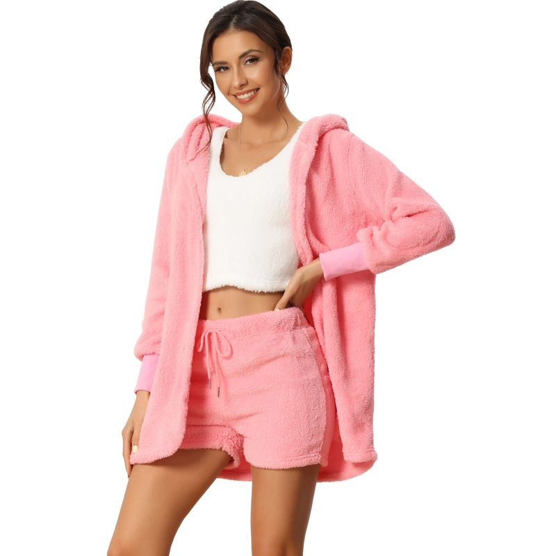 cheibear Women's Fuzzy Fleece Soft Coat Jacket and Crop Top with Shorts 3-Piece Pajamas Lounge Set Pink Small
