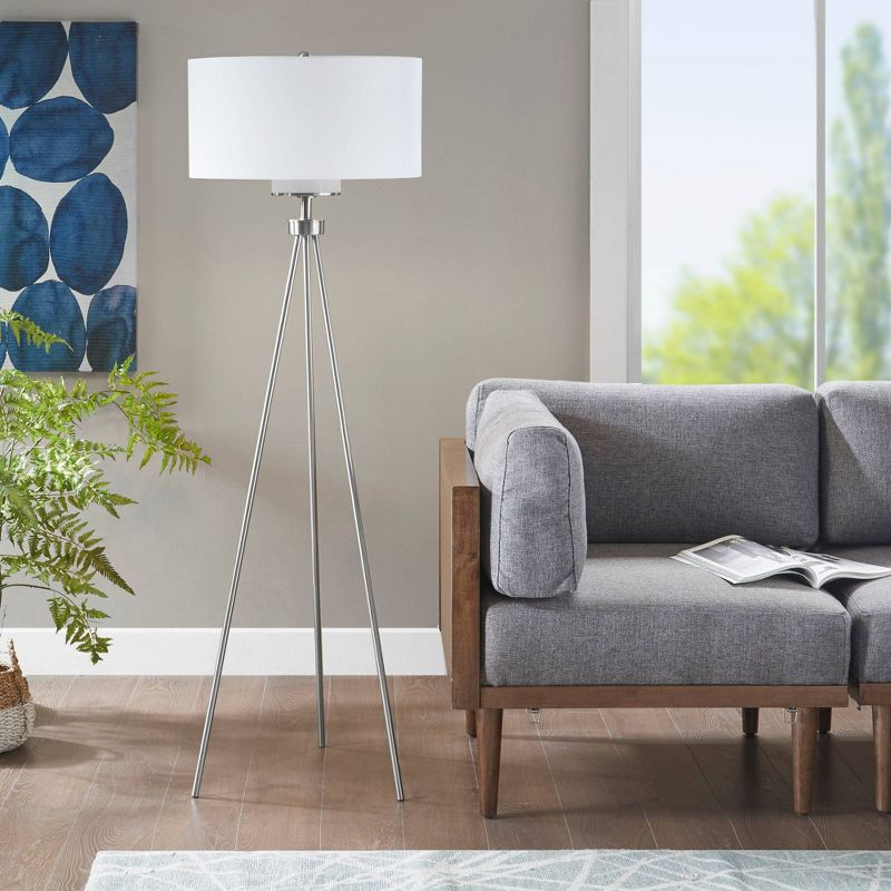 Ink+Ivy 64.5" Pacific Tripod Metal Floor Lamp (Includes LED Light Bulb) Silver: Modern Design, Cotton Shade