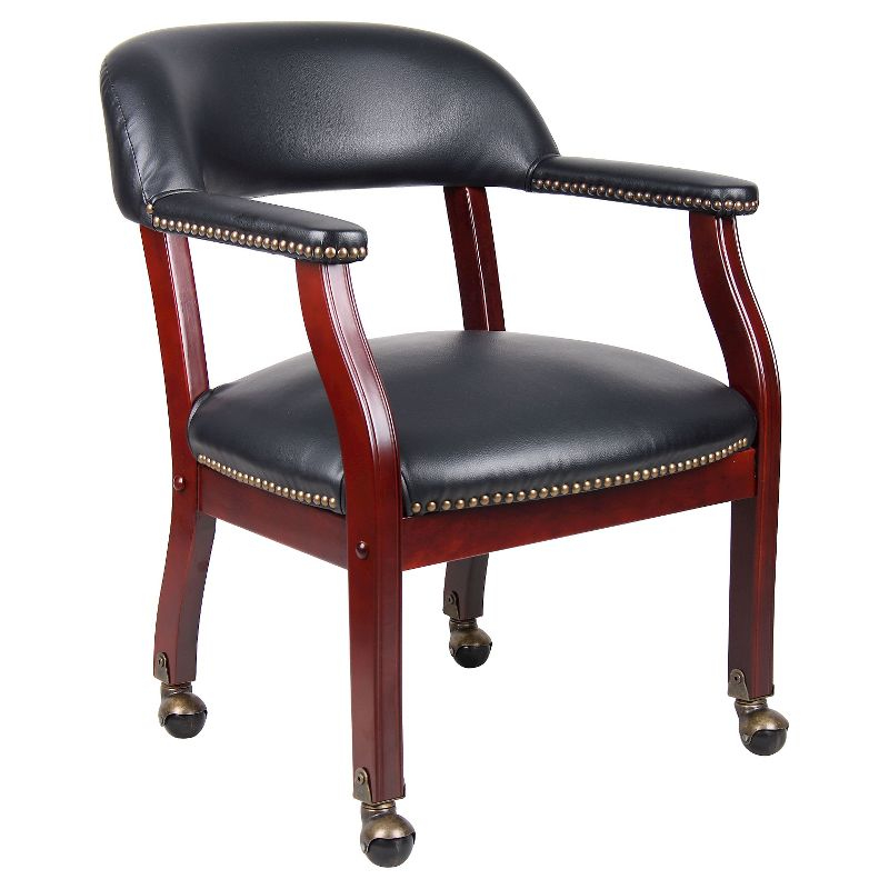 Captain's Chair with Casters Black - Boss Office Products: Mahogany Base, Vinyl Upholstery, Brass Castors