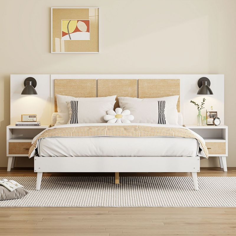 Queen Size Solid Wood Bed Frame with 2 Nightstands, Elegant Rattan and Wood Combination Platform Bed with Lamps, White - ModernLuxe