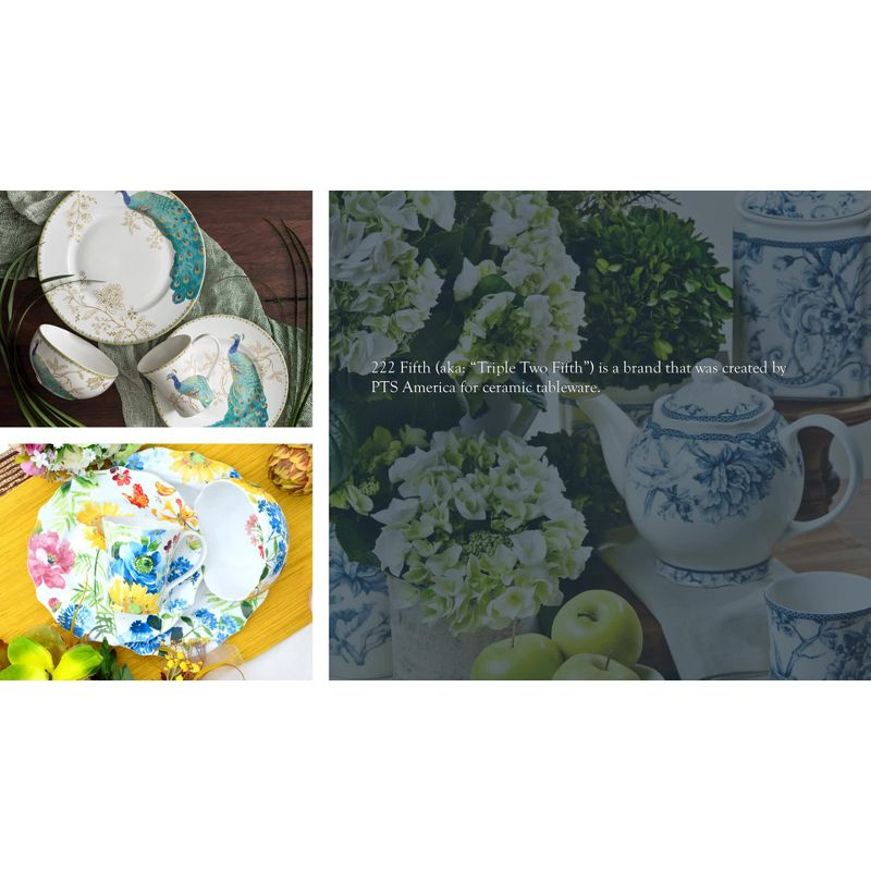 222 Fifth Peacock Garden Porcelain 16pc Dinnerware Set White: Round Dish Set, Service for 4, Bird Pattern, Dishwasher-Safe