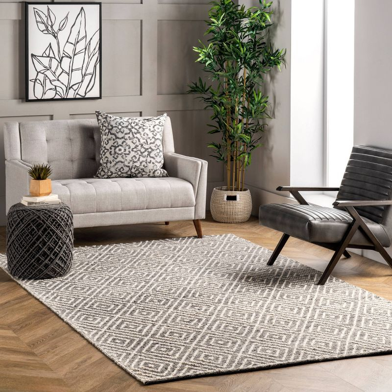 nuLOOM 6'x9' Flora Handmade Textured Diamonds Wool Area Rug Gray/Ivory: Geometric Flat Pile, Indoor Use