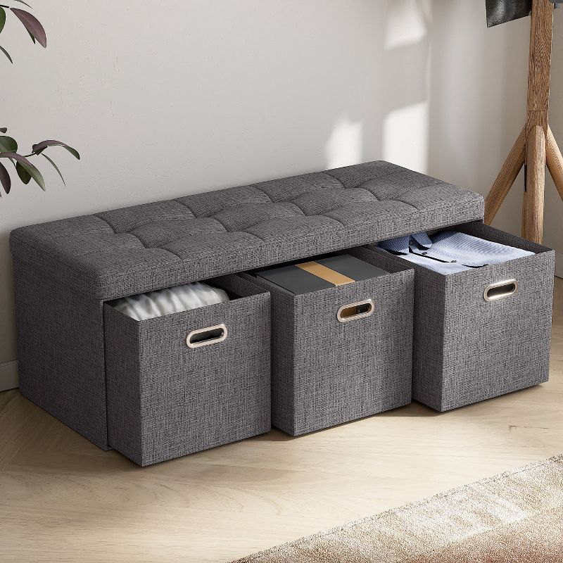 Ornavo Home Collapsible Large Storage Bench Ottoman with Drawers - 40" Inch - Charcoal Gray