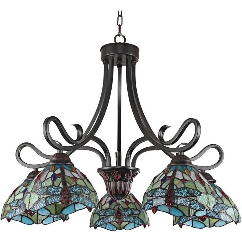 Chloe Lighting Empress Dragonfly Tiffany-Style Dark Bronze 5 Light Large Chandelier 27 Inch Wide