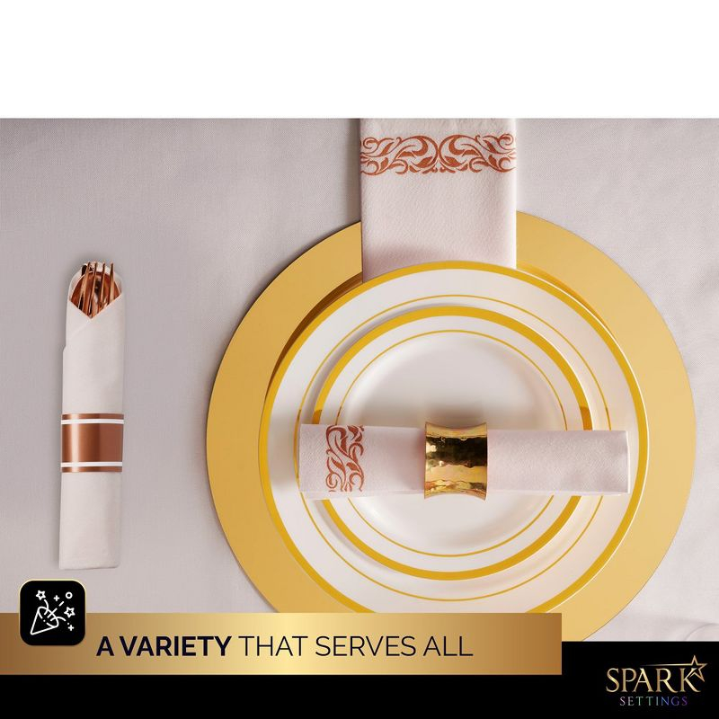 SparkSettings Rose Gold Plastic Silverware, 50 Pre Rolled Napkin and Cutlery Set