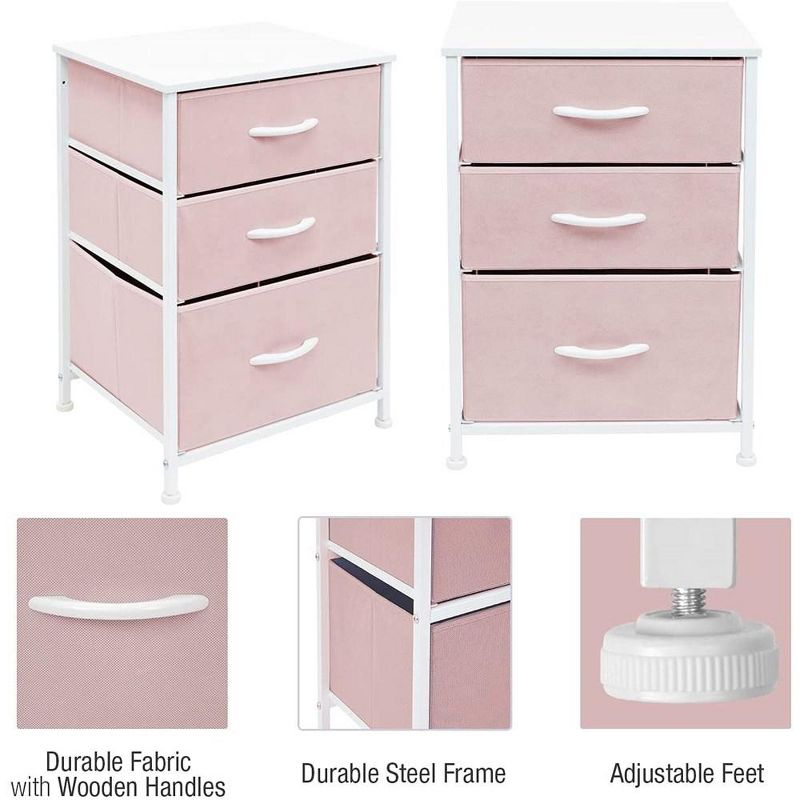 Sorbus Nightstand with 3 Drawers - Furniture Storage for Bedroom, Closet, Office Organization - Steel Frame, Wood Top, Pastel Fabric Bin (Pink)