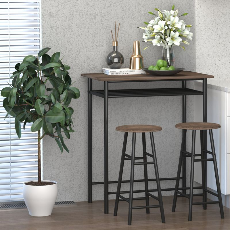 HOMCOM 3 Piece Counter Height Bar Table and Chairs Set, Space Saving Dining Table with 2 Matching Stools, Storage Shelf Metal Frame Footrest, Black