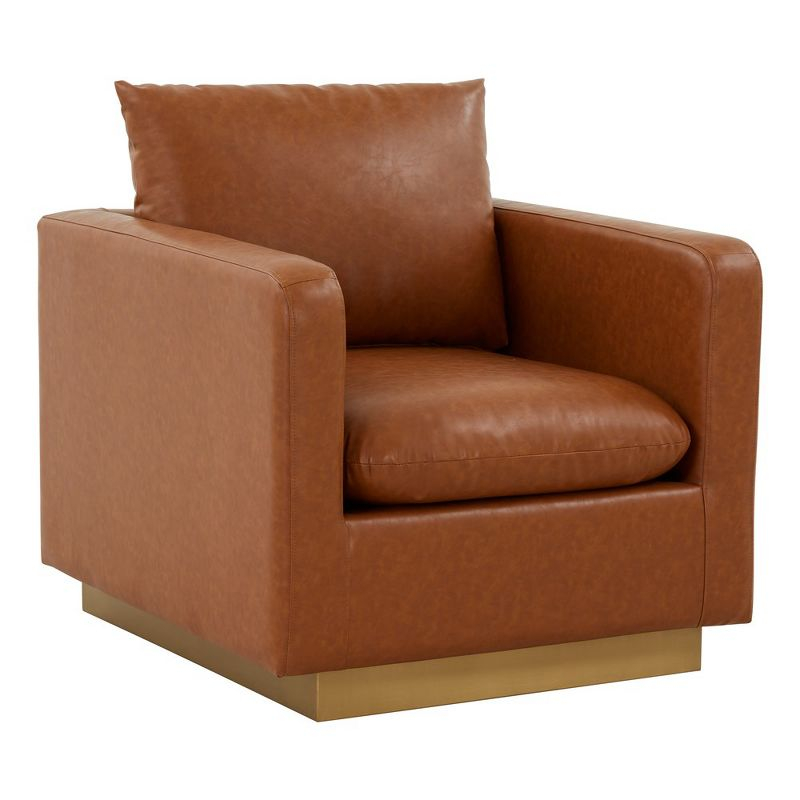 LeisureMod Nervo Accent Arm Chair Upholstered in Faux Leather with Gold Stainless Steel Frame in Cognac Tan
