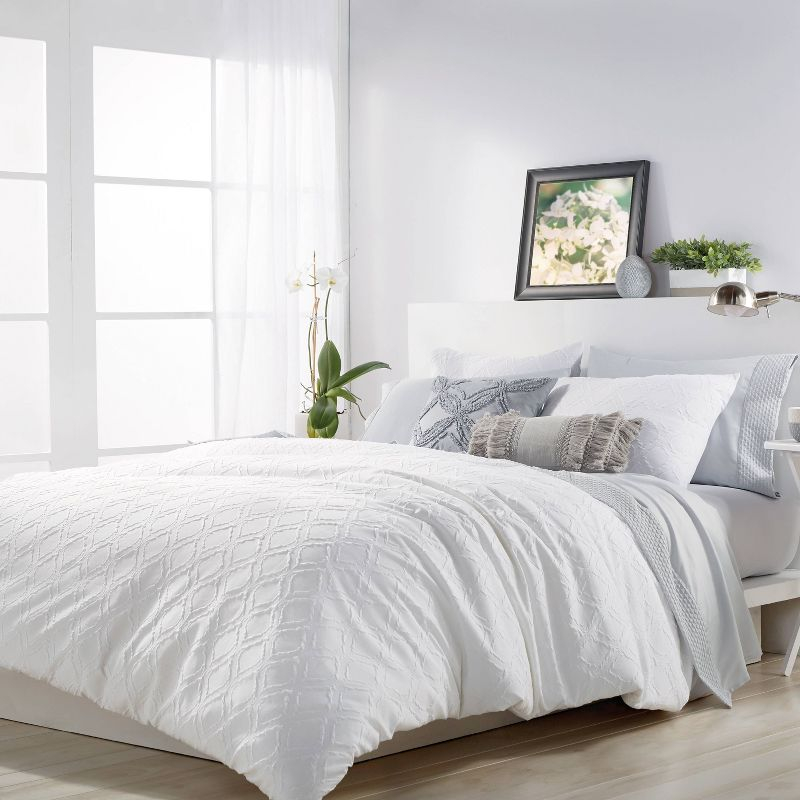 Full/Queen 3Pc Solid Ogee Duvet Set White - Microsculpt: Polyester Microfiber, Lightweight Fabric, Includes 2 Shams