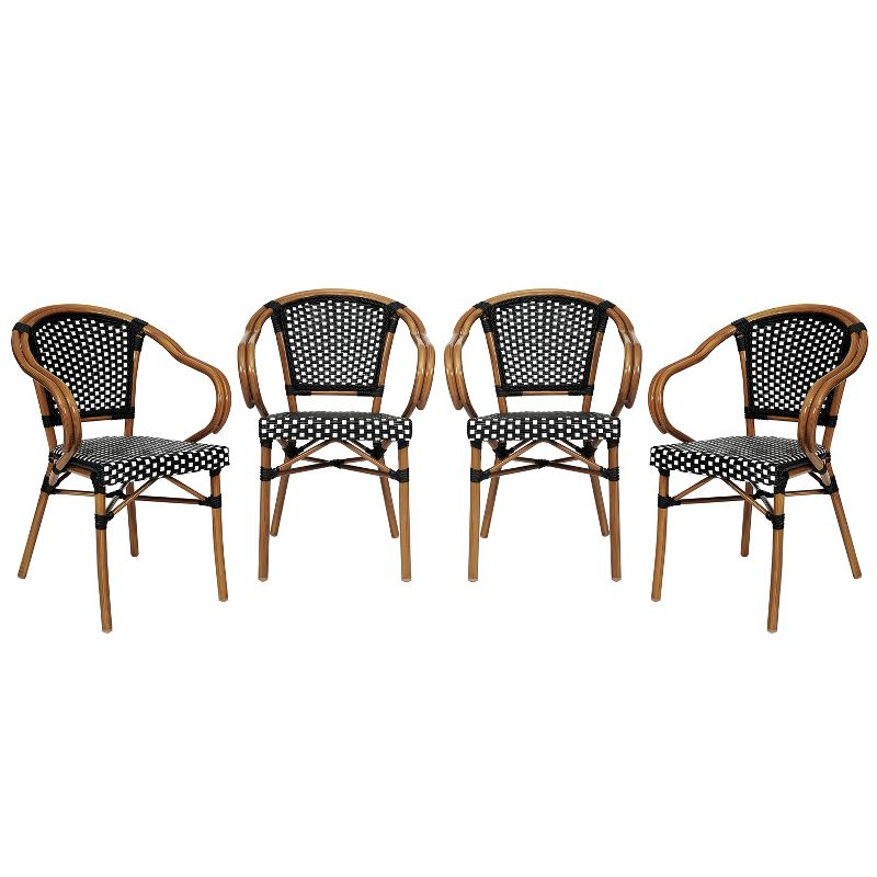 Merrick Lane Sacha Set of Four Stacking Thonet Bistro Style Chair with Arms, Black & White PE Rattan Seat, & Bamboo Metal Frame for Indoor/Outdoor Use