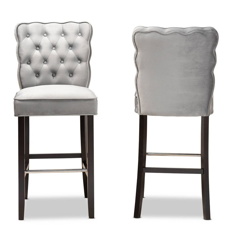 2pc Daphne Velvet Fabric Upholstered and Wood Counter Height Barstool Set Gray/Brown - Baxton Studio: Elegant Tufted Design, Silver-Tone Footrest