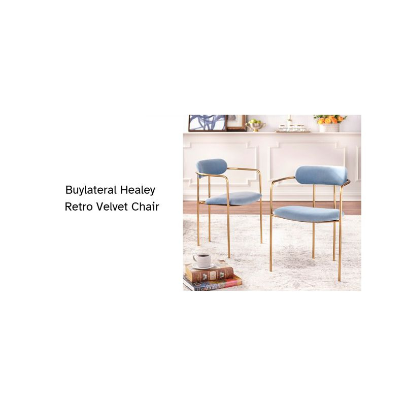 Buylateral Set of 2 Healey Retro Velvet Dining Armchairs Gray: Gold Tone Metal Frame, Mid-Century Modern Style
