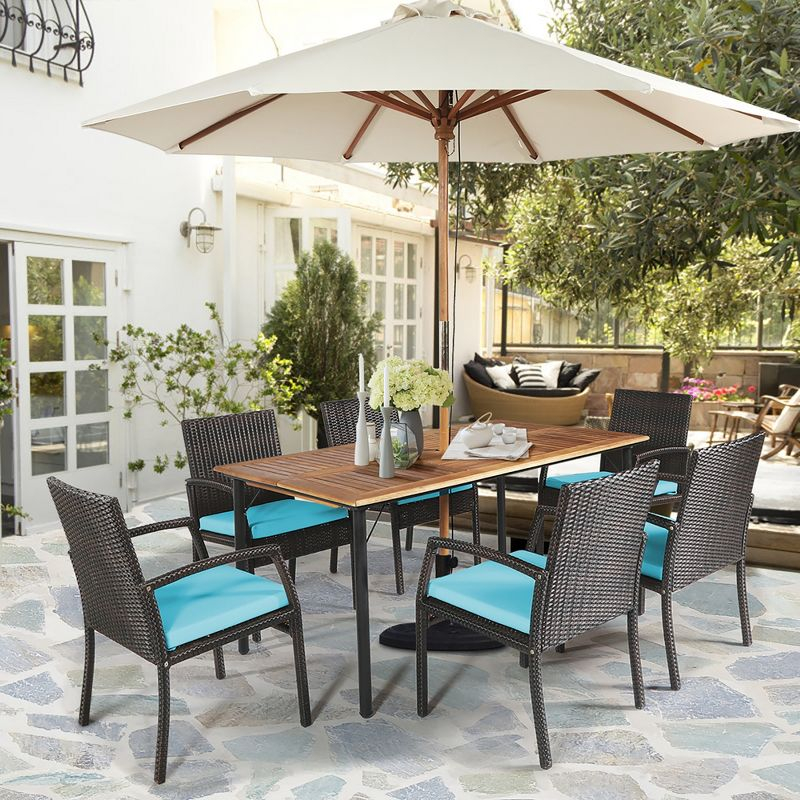 Costway 7PCS Patio Rattan Dining Chair Table Set with Cushion Umbrella Hole Turquoise