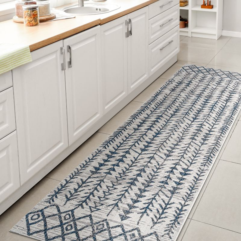 2'x8' Tokay Bohemian Styled Geometric Indoor/Outdoor Runner Rug, Ivory/Blue - JONATHAN Y