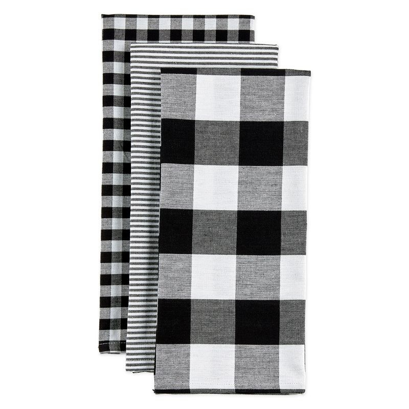 Design Imports  Dishtowel Set Gingham/Buffalo Check 3 Piece, 20X30", Black
