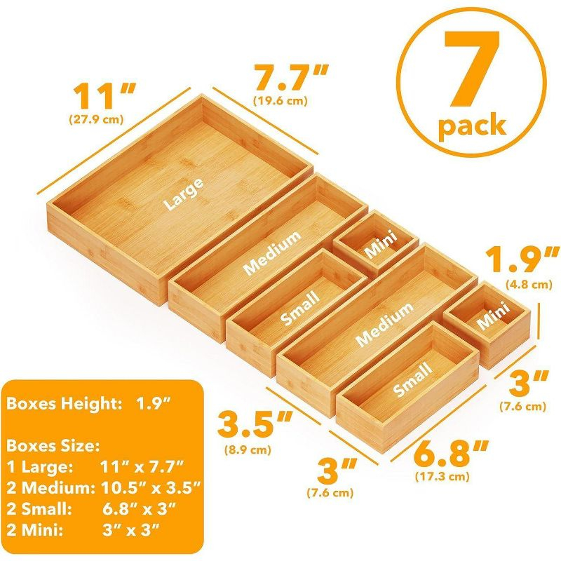 7-Piece Bamboo Drawer Organizer Set – Multi-Use Divider Bins for Kitchen, Bathroom, Office, and Makeup Storage, Natural