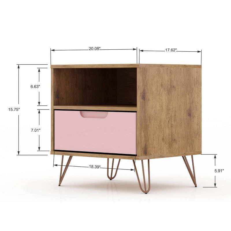 Set of 2 Rockefeller 1 Drawer Nightstands Nature/Rose Pink - Manhattan Comfort: Mid-century Design, Metal Legs, MDF