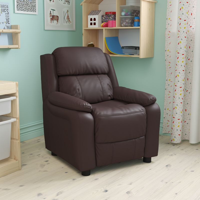 Emma and Oliver Deluxe Padded Brown LeatherSoft Kids Recliner with Storage Arms