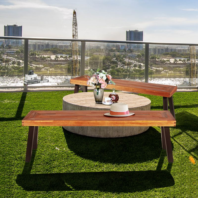 Costway Set of 2 Patio Acacia Wood Dining Bench with Rustic Steel Legs Outdoor Indoor
