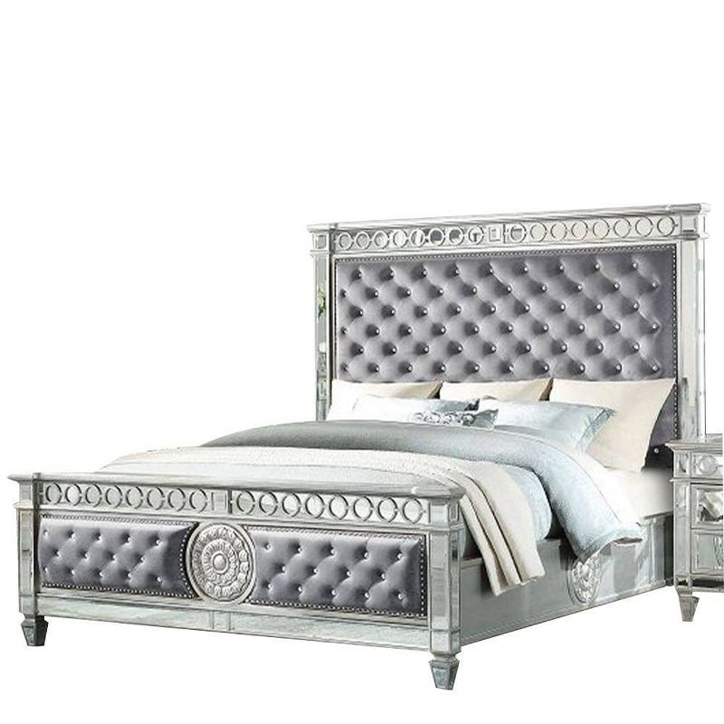 90" Queen Bed Varian Bed Gray Velvet and Mirrored - Acme Furniture
