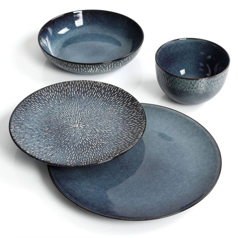 Gibson Elite 16pc Stoneware Matisse Double Bowl Dinnerware Set: Cobalt Blue, Microwave & Dishwasher-Safe Dish Set