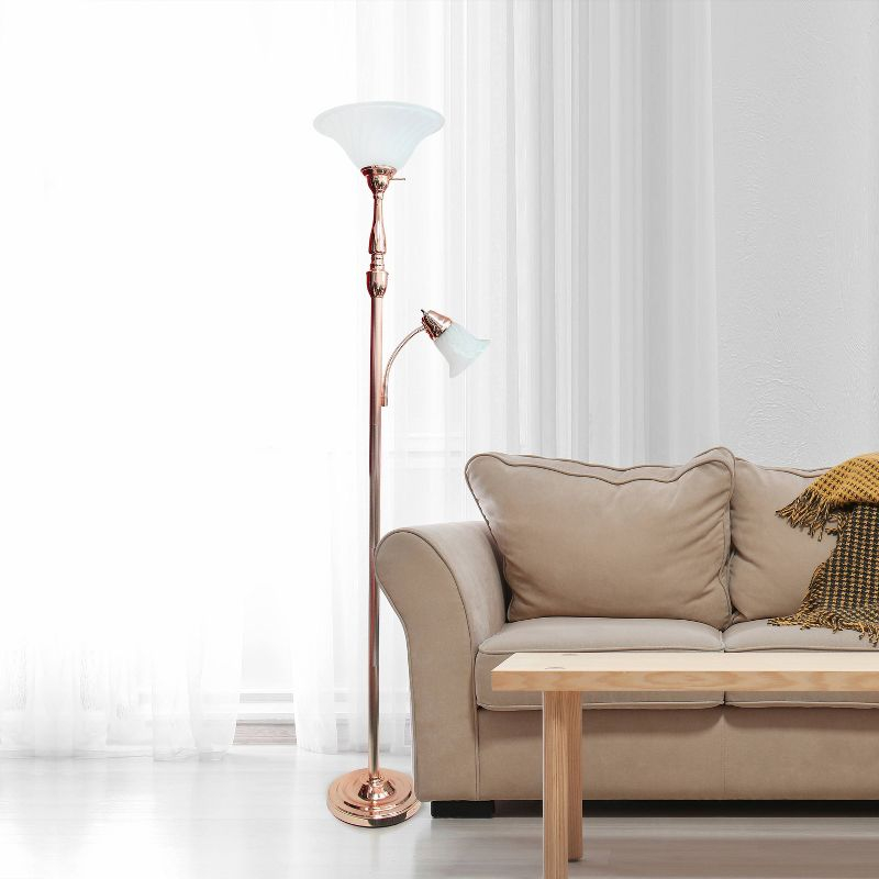Torchiere Floor Lamp with Reading Light and Marble Glass Shade Rose Gold - Lalia Home: Adjustable, UL Listed, Metal Base