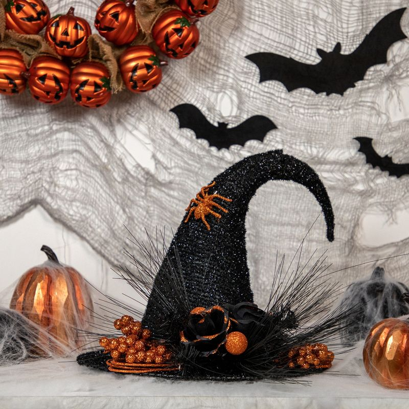 Northlight 16" Black Tinsel Witch's Hat with Orange Glittered Roses Halloween Decoration