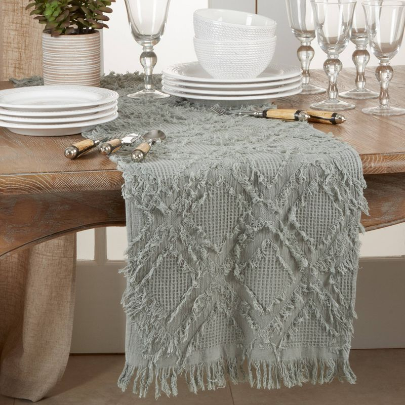 72" x 16" Cotton Waffle Weave Fringed Table Runner Blue: Geometric Abstract Rectangle - Saro Lifestyle