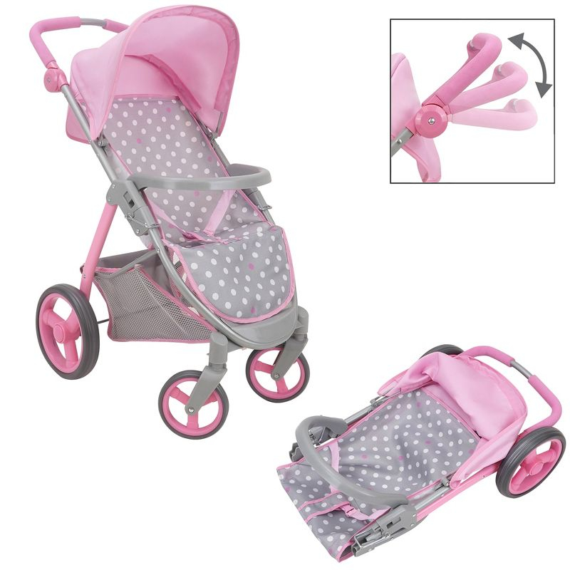 Cotton Candy Pink Doll Travel System in Grey Polka Dots, Fits Dolls Up to 18"