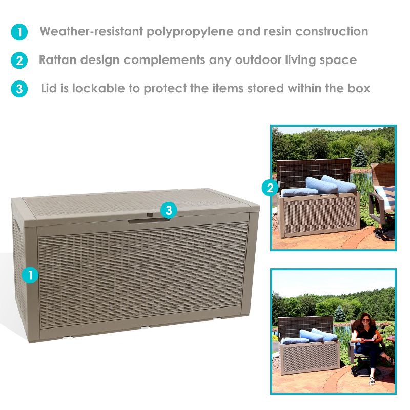 Sunnydaze Outdoor Deck and Patio Storage Box with Rattan Design - 100 Gal. - Driftwood