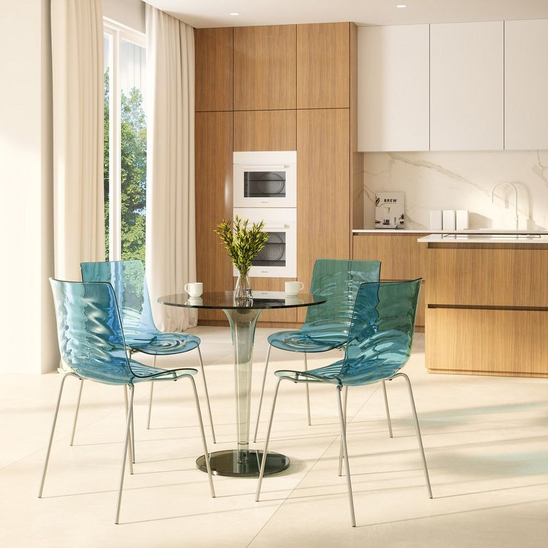 LeisureMod Astor Acrylic Dining Chair with Water Ripple Design and Metal Legs in Transparent Blue