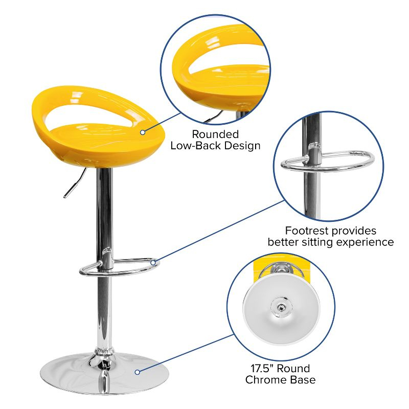 Flash Furniture Contemporary Yellow Plastic Adjustable Height Barstool with Rounded Cutout Back and Chrome Base